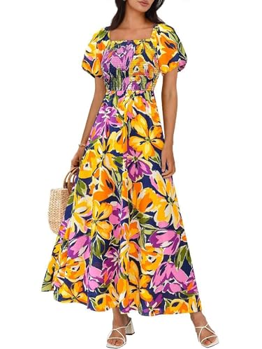 BTFBM Womens Spring 2026 Casual Maxi Dresses Short Sleeve Smocked Tiered Floral Boho Long Beach Dress with Pockets(Floral Navy Yellow Purple,XX-Large)