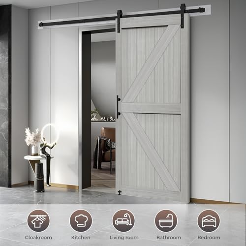S&Z TOPHAND® 28in x 84in Double Light GraySliding MDF Barn Door with 10FT Sliding Door Hardware Kit, Solid Slab Covered with Water-Proof PVC Surface, Simple DIY Assembly
