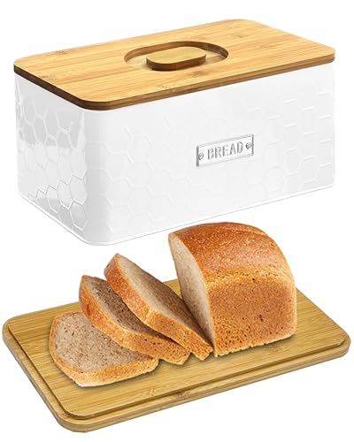 vensovo White Bread Box with Bamboo Cutting Board Lid – Metal Bread Bin for Homemade Bread, Baked Goods & Kitchen Countertop Storage