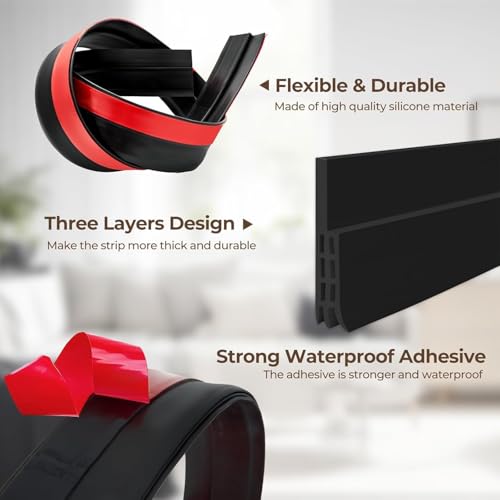 Image of Door Bottom Seal Strip Adhesive Silicone Gap Cover Strip Flexible Bottom Sealing Strip with Hollow Channel Design Roll for Door Edge Installation (Black, 3 Meter)