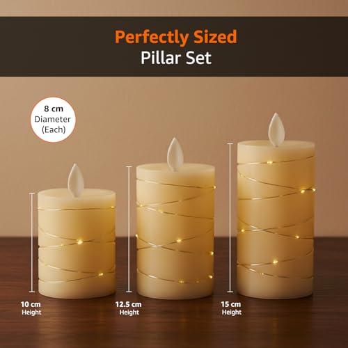 Image of amazon basics LED Candles with String Light Effect, Set of 3 (8X10 CM, 8X12.5 CM, 8X15 CM), Ivory Wax Pillars, Flickering Warm Flame, Remote & Timer, Flameless Decorative Lighting