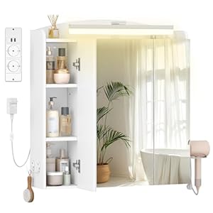 Hzuaneri Spiegelschrank Bad mit Beleuchtung, 2AC+2USB Steckdosenleiste, Wandschrank mit Haartrockner-Halter, Haken, Stecker, Verstellbare Regale, 16,5 x 70 x 75 cm, Weiß, MC00603XEU