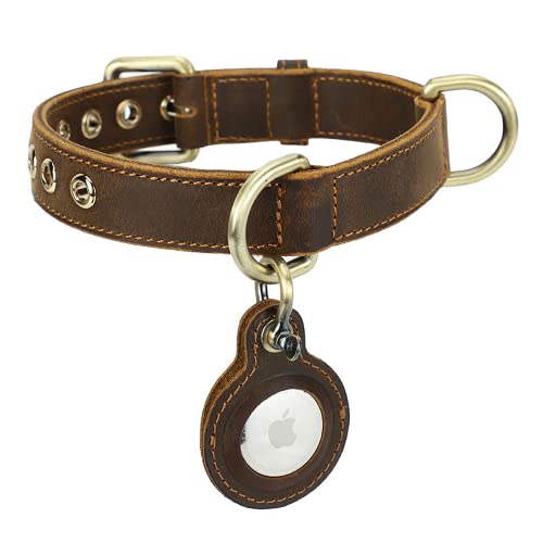 Catapurus Top Grain Leather Dog Collar, Heavy Duty Breathable Durable Hardware, Adjustable Rust-Proof Metal Buckle With Airtag Holder For Small Medium Large Dogs (S, Brown) #TOP1