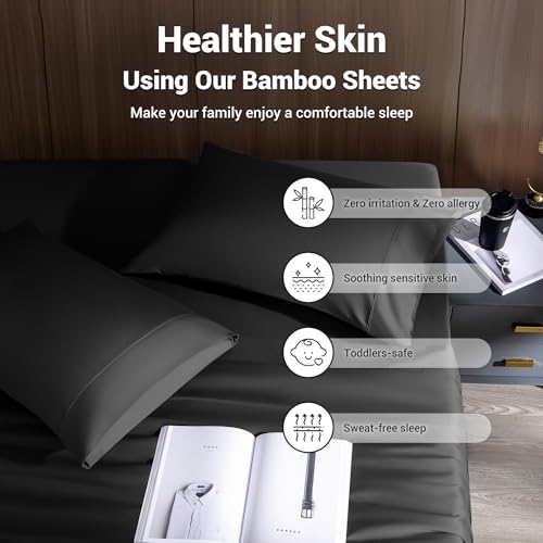 Image of Shilucheng 4 Piece Full Sheet Sets, Cooling Sheets, Blend Rayon Derived from Bamboo, Deep Pocket Up to 16 inch, Breathable & Soft Bed Sheets, Hotel Silky Bedding Set, Black