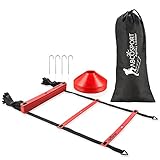 Speed Agility Ladder with 12 Adjustable Flat Rungs, 15ft Long – Perfect Training Equipment for Soccer, Football & Other Sports – With Bonus 10 Sports Disc Cones, Carrying Bag & 4 Metal Pegs