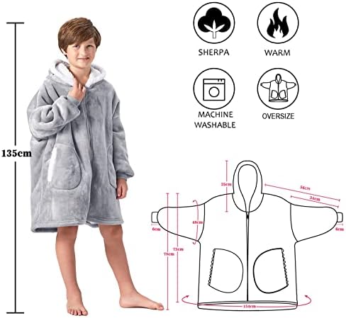 Oversized Blanket Hoodie for Kids, Zip Up Wearable Fleece Hooded Blanket Boys, Fluffy Sherpa Hoody Blanket Girls with Sleeves Pockets Soft Cosy Sweatshirt for Child