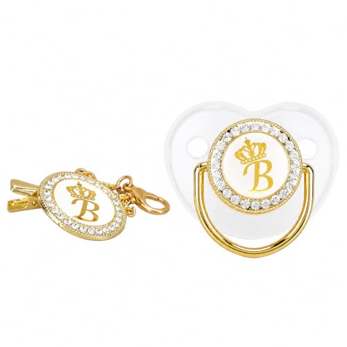 Image of Baby Pacifier with Pacifier Clip, Personalized Rhinestone Curved Bling 26 Letter Pacifier with Name Initial Letter for Boys Baby Shower Newborn Photography