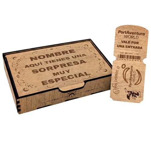 NIRALIS Caja Sorpresa Viaje PortAventura Regalo en madera con nombre grabado para anunciar entrada tipo billete, escapada familiar, comunión, cumpleaños o Navidad - roble personalizable
