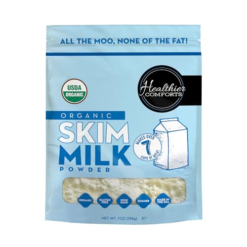 Healthier Comforts Organic Skim Milk Powder | Certified USDA Organic | Fat Free, Kosher, Gluten Free, Non-GMO, Shelf Stable | Perfect for Shakes, Smoothies, Coffee Creamer, Baking | Made in USA (7oz)