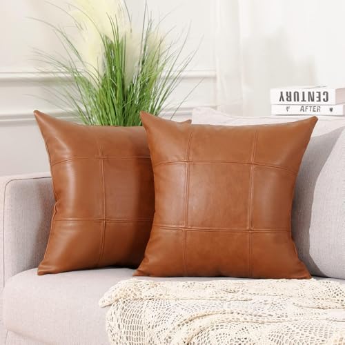 MANDIOO Set of 2 Classic Plaid Faux Leather Decorative Throw Pillow Covers,Hand Stitched Modern Luxury Vegan Outdoor Cushion Cases Pillowcases for Couch Sofa Bed Farmhouse 24x24 Inches Brown
