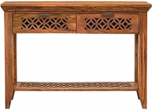 Image of Solid Sheesham Wood Console Table for Living Room | Entryway Hallway Sofa & Fish Tank Table with 2 Drawers & Shelf Storage | Wooden Side Entrance Furniture | Rosewood Honey Finish