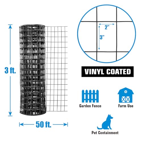 Fencer Wire Vinyl Coated 16 Gauge Welded Fence Wire Roll, Mesh Size 2-Inch x 3-Inch, Black Metal Garden Fencing Wire Grid Hardware Cloth, Multiple Use for Home Improvement