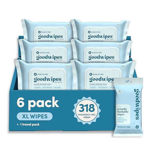 goodwipes Flushable Wipes for Adults - Unscented Wet Wipes for Women & Men, XL, Septic Safe, Toilet & Bathroom Essentials, Extra Large - Fragrance-Free, 318 Count (6 Packs and 1 Travel Pack)
