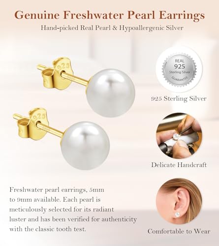 Freshwater Pearl Stud Earrings for Women, Hypoallergenic 18K Gold Vermeil Earrings Studs with Genuine Round White Pearls2