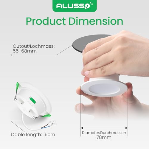ALUSSO LED-Einbauleuchte, extra flach, 4 W, 310 lm, dimmbar, IP44, wasserdicht, für Badezimmer, Warmweiß 3000 K, Neutralweiß, 4000 K, Kaltweiß 6500 K, Loch Φ55 – 68 mm, AC220 – 240 V, 6 Stück
