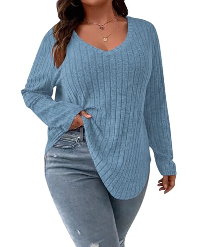 Image of Doweha Women Plus Size Fitted Sweaters Fall Winter 2025 Cute Pullover V Neck Knit Sweater Long Sleeve Basic Tops Shirt Jumper