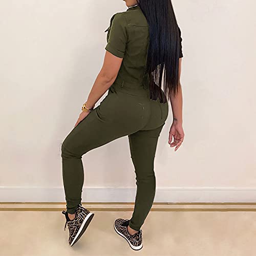 Women's Sexy Jumpsuit Short Sleeve Lapel Button Bodycon Long Pants Club Outfits Rompers With Pocket Army Green M #TOP3