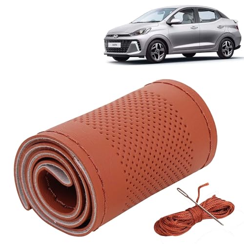 Image of KINGSWAY PU Leatherite Car Steering Cover Sewable Compatible with Hyundai Aura (Year 2023 Onwards), Tan Color with Tan Thread, Pack of 1 with Sewing Needle and Thread