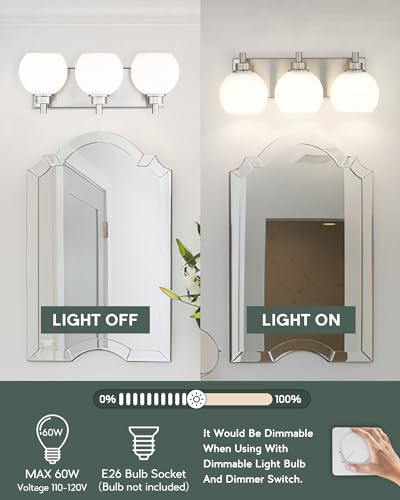 Image of Bathroom Light Fixtures, 3-Light Brushed Nickel Vanity Light, Modern Wall Sconces with Milk White Globe Glass Shade, Vanity Lighting Fixtures Over Mirror, VL195-BN-ML-3