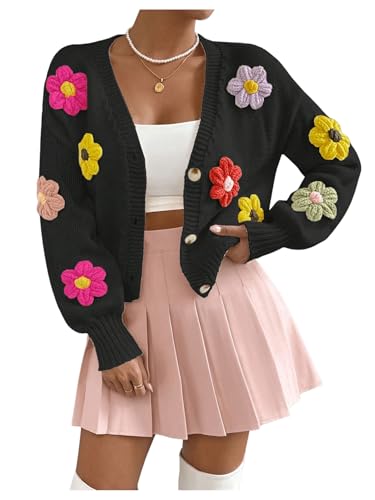 Image of SHENHE Women's Button Down Flower Cardigan V Neck Open Front Knit Crop Cardigan Sweater