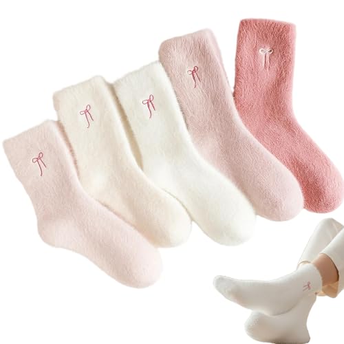 IKEEP 5-Pairs Fluffy Socks for Women Pink Fuzzy Bed Socks with Bow Cozy Warm Winter Thermal Socks for Home Soft Sleep Socks Set