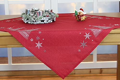 KAMACA Tischdecke Mitteldecke 85x85 cm mit filigraner Stickerei Küche Esstisch Tisch Dekoration Eyecatcher in Herbst Winter Weihnachten (Tannenbäume rot)