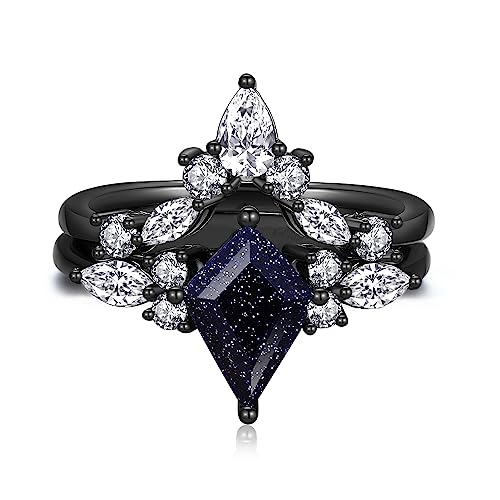 Personalized Promise Rings for Women - Black Rings for Women, Engavable Promise Ring for Her, Blue Sandstone Engagement Rings, Custom Wedding Rings for Women, Unique Matching Rings