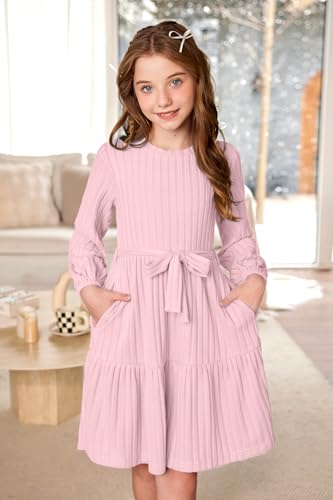 Girls Long Sleeve Dresses Removable Tie Belt Fall Ribbed Dress Ruffle Hem with Pockets 6-14 Years2