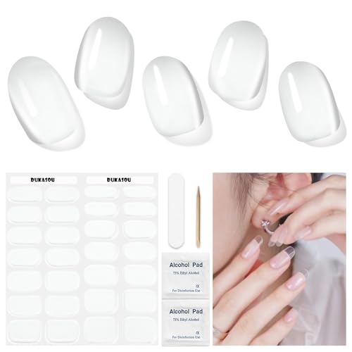 DUKASOU Semi Cured Gel Nail Strips Transparent | 28 pcs Clear Gel Nail Strips Work with Any UV Lamp Salon Quality UV Nails Stickers Easy to Apply for Home Nails DIY