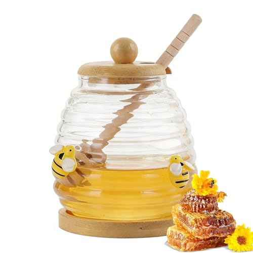 CHUANFU 500 ml Tarro para Miel de Cristal con Cuchara, Dispensador de Miel con Tapa de Madera, Transparente Recipiente de Cristal Sellado de Boca Ancha para Mieles, Jarabe y Mermelada