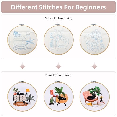Image of KEKEMEOW 3 Sets Embroidery Kit for Beginners, Stitches with Black Cat and Furniture, Embroidery Stitch Practice kit for Craft Lover, Needlepoint Hand Embroidery Kit with Pattern、Instruction、Hoop
