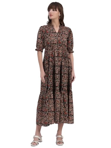 Image of Women's Fit and Flare Dress I Pure Cotton Long Summer Maxi Dress I V-Neck I Casual Wear I Printed Kalamkari Floral Middi