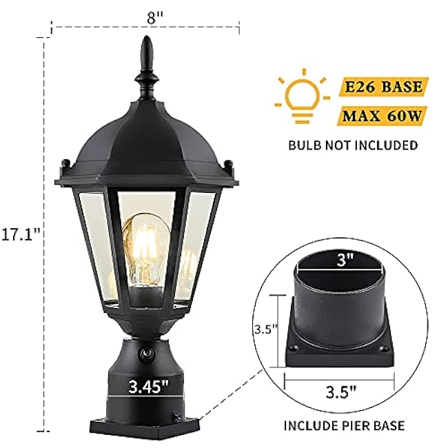 Outdoor Post Light Pole Lantern Lighting Lamp Post Light Fixture 8 Inch Black