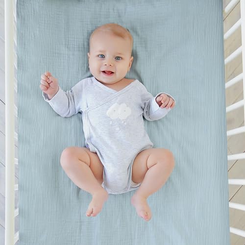 Image of Muslin Bassinet Fitted Sheets 2 Pack, Soft Breathable Cotton Baby Bassinet Mattress Sheet Set, 360 Elastic Snug Fit, Universal for Oval, Rectangle (Bright Colors, Pack N Play Sheets 2 Pack)