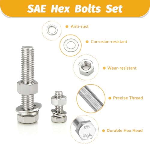 Image of Kadrick 272Pcs 18-8(304) Stainless Steel Hex Bolts Assortment,1 /4-20 5 /16-18 3 /8-16 Heavy Duty Bolts and Nuts Kit, Assorted SAE Bolts Nuts Flat&Lock Washers,Lenth Form 1 /2''-2''