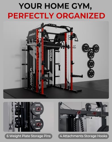 Image of Mikolo Smith Machine with Weight Stack, Power Cage Home Gym System with LAT Pulldown & Cable Crossover, Multi-Functional Trainer with Dual Pulley System, Includes 10+ Free Attachments