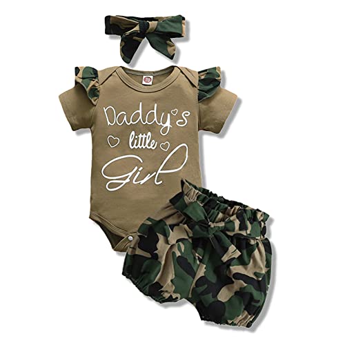 Image of AMAWMW Daddys Little Girl Baby Clothes Ruffle Short Sleeve Romper Camo Bloomers Headband Newborn Infant Baby Girl Outfit