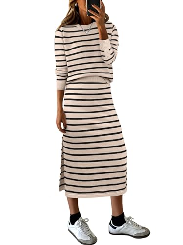 Women 2 Piece Outfits Striped Sweater Skirt Sets Fall Casual Long Sleeve Pullover Top Lounge Travel Midi Dress