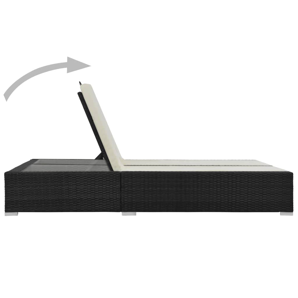 Lettino prendisole matrimoniale in polyrattan nero con schienale regolabile, 202 x 145 x 80 cm, 2 cuscini, facile da pulire, per terrazza, balcone, piscina