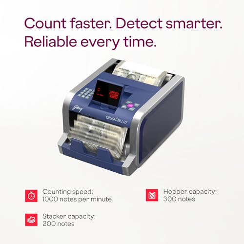 Image of Godrej Security Solutions Crusader Lite Display Currency Counter with Customer Display Unit | Fully Automatic & Mg, Uv & Ir Fake Note Detector for Bank (Sech011800146)