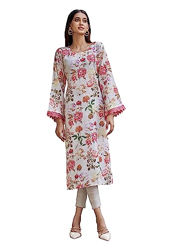 Womanista Women’s Off White Colour Striped Floral Print Cotton Kurta with Embroidery