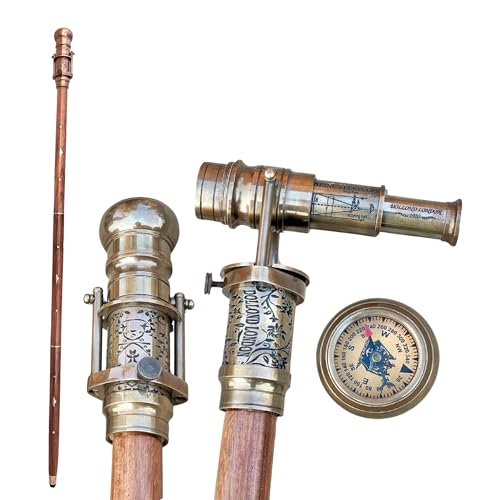 Engraved Brass Walking Stick with Hidden Telescope Spyglass Handle & Direction Compass 39 Inch Vintage Foldable Cane Victorian Unisex Cane for Seniors & Collectors