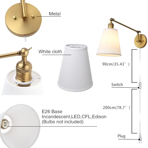 Image of PERMO Retro Swing Arm Wall Sconce Plug in Wall Lamp Single Sconce Light Fixture with White Fabric Shade for Bedroom Living Room Home Office