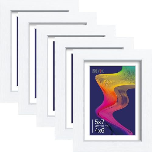 Image of VCK 5x7 Picture Frame 5 Pack, White Wood, 4x6 Mat, Glass, for Photo Print