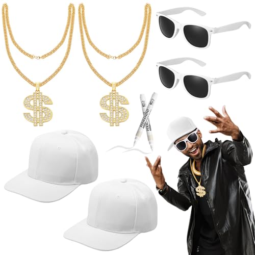 Fingertip WD 8 Pcs Hip Hop Costumes Kit 80s 90s Rapper Accessories Including Sunglasses Necklace Hat Pens for Men Women Rapper Themed Party