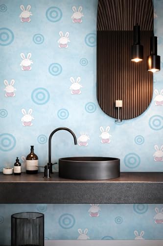 Image of Blue Rabbit & Heart Design Self Adhesive Wallpaper | Peel & Stick, Easy Clean, Removable | Kids Bedroom Wall Covering 16 x 96 Inch