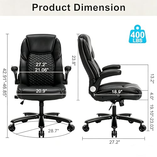 Image of ZLHECTO Big and Tall Executive Office Chair, PU Leather Swivel Desk Chair with Flip-up Arms, Adjustable Lumbar Support, Space-Saving Height Adjustable Rolling Computer Chair for Home & Office Use
