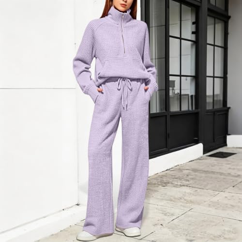 XINGJIAARTS Sweatsuits Women 2 Piece Outfit Waffle Knit Half Zip Oversized Sweatsuits Lounge Matching Set with Thumb Holes Purple Medium - image 4