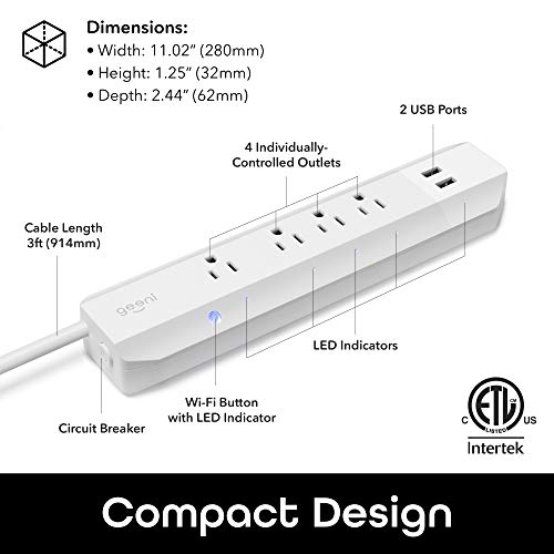 Image of Geeni Surge 4-Outlet, 2 USB Smart Extension Cord, Surge Protector Cord Extender, Compatible with Alexa and Google Assistant, Requires 2.4 GHz Wi-Fi, 3 Feet