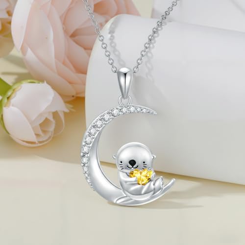 Image of PROESS Animal Birthstone Necklace 925 Sterling Silver Otter /Axolotl /Hippo /Elephant /Dachshund /Monkey /Red Panda Pendant Necklace Animal Birthstone Jewelry Gifts for Women